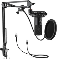 FIFINE USBマイクセット コンデンサーマイク ゲーミングマイク 単一指向性 アームスタンド付き（三脚スタンドなし） ポップガード付き 配信用マイク ABタイプ USBケーブル PC用マイク Skype 録音 ゲーミング ライブ配信