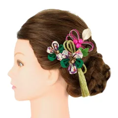 髪飾り 成人式 水引 つまみ細工 振袖 前撮り 袴 花 3点セット 緑 ピンク 白 ゴールド ちりめん 房 房付き 組紐 和柄 かんざし No.9-5115