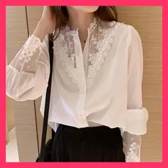 ★スタッフおすすめ★ シャツブラウス シフォンブラウス レース切り替え 黒 白 長袖 レディース トップス 可愛い 花柄 おしゃれ カジュアル 新品