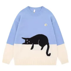 新品未使用 h 美式ハイストリート 配色グランジキャット ジャカードニットセーター｜ユニセックス 秋冬 ゆったりシルエット クルーネック 長袖ニット