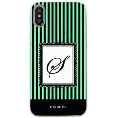 【新品未使用】らくらくスマートフォンme F-01L クリア ハードケース ( ストライプグリーン  イニシャルS ) ボーダー ストライプ イニシャル アルファベット