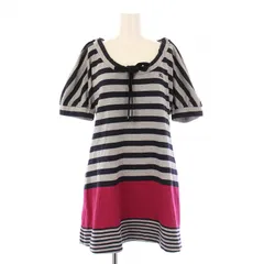 バーバリーブルーレーベル BURBERRY BLUE LABEL チュニック ワンピース ミニ丈 半袖 ドルマンスリーブ リボン ロゴ 刺繍 ストレッチ ボーダー柄 38 グレー 紺 ネイビー ピンク /BB ■GY14