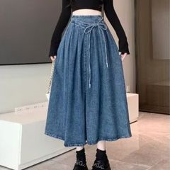 スカート デニムスカート ロング Aライン フレア ウエストゴム レディース ボトムス 韓国ファッション フェミニン ガーリー リボン ハイウエスト