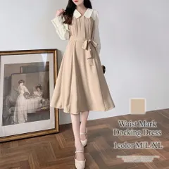 ウエストマークドッキングワンピース レディース 長袖 秋服 冬服 10代 20代 30代 韓国ファッション 韓国 大きいサイズ フェミニン バイカラー