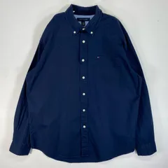 古着 トミーヒルフィガー TOMMY HILFIGER 長袖Tシャツ ロゴ　刺繍 ボタンダウン L  ネイビー系 無地 メンズ