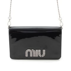 ミュウミュウ パテント ラインストーン ロゴ チェーン ショルダーバッグ クロスボディ 5BP004 ブラック【中古】