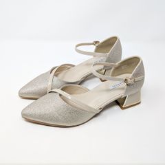 パンプス ベージュ 結婚式 チャンキーヒール 22.5 23 23.5 24 24.5 ラメ グリッター アンクルストラップ ポインテッドトゥ レディース haremode 3424