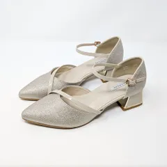 チャンキーヒールパンプス レディース ベージュ 4.5cmヒール グリッター アンクルストラップ ポインテッドトゥ 安定感 結婚式 冠婚葬祭 オケージョン 3424