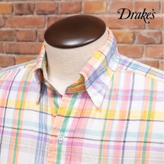 春夏/Drake’s/39cm/マドラスチェック柄シャツ DR2A4A 清涼リネン混 ボタンダウン イギリス製 長袖 ドレイクス 新品/白×マルチ/kc371/