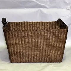 【未使用】合皮ハンドル付き　シュロ編み込み　バスケット　ML　脱衣かご　おもちゃ整理　部屋着入れ