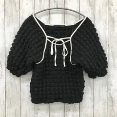 【 Heather 】ヘザー 五分袖ブラウス バルーンスリーブ ジャガード スクエアネック ブラック フリーサイズ