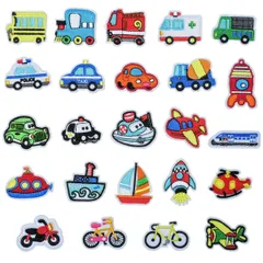 24枚セット 刺しゅうワッペン 車/船/ロヶット/バイク/自転車/飛行機 アップリケ ワッペン パッチ アイロン接着 補修 乗り物 DIY 男の子 子供 幼稚園 YFFSFDC 保育園 お祝い ギフト