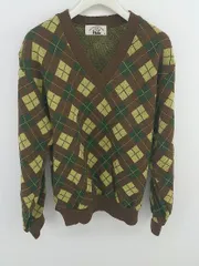 ◇ PEAL Vネック 総柄 長袖 ニット セーター サイズM ブラウン イエロー グリーン レディース E  【1303240001769】