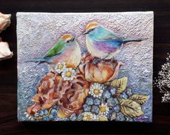 『　アンティークなブーケの上で　』　油絵　油彩画　鳥　花　手描き