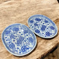 ころ　波千鳥　印判皿　手塩皿　骨董　アンティーク　古道具 印判 手塩皿 小皿 菓子皿 細密 吉祥文様 丸紋 山水 牡丹 波 雲