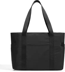 KALIDI トートバッグ ショルダーバッグ 大容量 9ポケット 大きめ 肩掛けバッグ ナイロン軽量 無地 ビジネスバッグ マザーズバッグ レディース メンズ 男女兼用 ファスナー付き(ブラック)