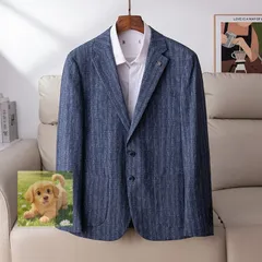 人気新品 テンセル混 テーラードジャケット メンズ ストライプ スーツ ジャケット 高品質 春夏 薄 カジュアル ブレザー/ブルーグレー