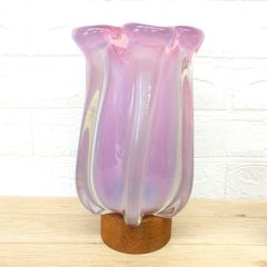 ヴィンテージ ガラス ベース ピンク×イエロー 花器 花瓶 レトロ