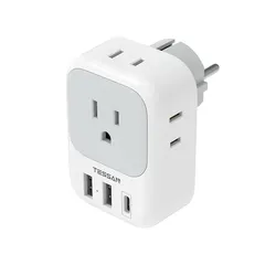 TESSAN 変換プラグ SEタイプ コンセント変換器 4個AC差込口 1USB-Cポート 2USB-Aポート付き 韓国変換プラグ ドイツ、フランス、オランダ、ハンガリー、スペインヨーロッパなどの国に対応 1