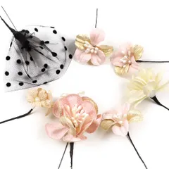 髪飾り 成人式 振袖 前撮り 袴 花 7点セット ピンク ベージュ 白 ゴールド 花 ちりめん レース パールビーズ ドット 水玉 Ｕピ No.12-0377