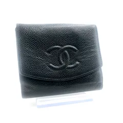 CHANEL シャネル　キャビアスキン　三つ折り財布　ココマーク　レザー　本革　ブラック　ゴールド金具　フランス製　シリアルシールあり