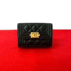 極 美品 シール有 ランダム番台 CHANEL シャネル ボーイシャネル マトラッセ ココ キャビアスキン 三つ折り財布 ウォレット ブラック 99414
