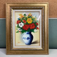 真作 油彩 額装 花 絵画 油絵 花瓶 斉藤遊児 真筆証明付き