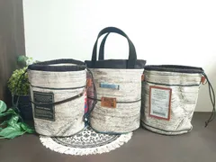 No.59  【右】丸底巾着バッグ👜シリーズ  木目調×北欧×デニム👖硬め