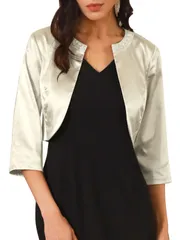 WOMLAYOUT レディース サテン シュラッグ 3/4 スリーブ オープンフロント エレガント クロップド ボレロ カーディガン シャンパン M