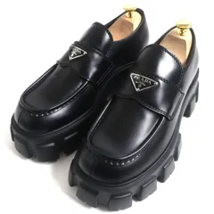未使用品▼PRADA プラダ 2DE129 モノリス トライアングルロゴ/三角プレート 軽量 ブラッシュドレザーローファー 黒 7 伊製 箱・袋付きのサムネイル