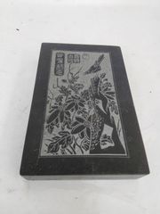 中国 書道具 硯 蓋付 飾り彫り 鳥 植物柄 すずり 中華