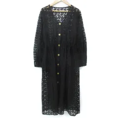 ハニーミーハニー HONEY MI HONEY フレアワンピース ロング丈 長袖 Vネック 切替 シースルー 刺繍 花柄 F 黒 ブラック /FF26のサムネイル