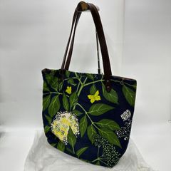 ★-32 ha-na×jobs Textile ハナ×ヨブス トートバッグ アートデザイン 持ち手レザー 総柄 葉っぱ 留め口金具 レディース