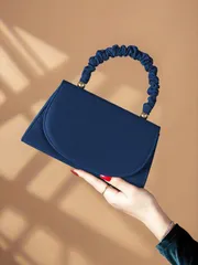 バッグ レディース ドレスバッグ 1個 エレガントなネイビーブルーのコーデュロイ ハンドバッグ、マグネットスナップ式 プリーツ付きリストクラッチ、女性の日常使い、誕生日パーティー、結婚式に最適、レディースやバレンタ