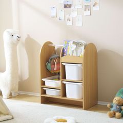 おもちゃ収納ラック ハンガーバー付き 子ども用家具 木製 収納ケース ワイドタイプ 大容量 組立カンタン 絵本棚 絵本ラック こども コンパクト 大容量 おしゃれ 入学 入園 新生活 出産祝い プレゼント