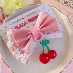 pink❤︎ Cherry サテン　レース　リボン　ヘアクリップ　ガーリー　ハンドメイド