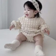 ☆ オフホワイト ☆ 80サイズ ☆ ベビー服セットアップ ベビー服 セットアップ 女の子 上下セット ベビー 赤ちゃん 男の子 子供服 かわいい トップス パンツ 長袖 ショートパンツ 長そで 短パン オシャレ おしゃれ ポップコーン 可愛い 記念日