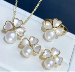 【4点セット】天然本真珠ネックレス 白蝶貝 シルバー k18仕上げ 天然貝殻 リング パールピアス カメリアデザイン　ベビーパール　5-6mm 送料無料　花嫁　ブライダル用　セット　フォーマル 結婚式 卒業入学 冠婚葬祭 七五三