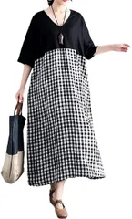 1/2style ニブンノイチスタイル 袖 あり 夏 ドルマン バイ カラー チェック ワンピース レディース 黒( ブラック,  XL)