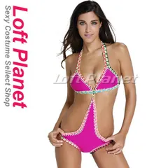 モノキニ セクシー 水着 クローシェ編み ニット縁取り スイムウェア レゲエ ラスタカラー ピンク ウェットスーツ レディース DL-LC41906-6