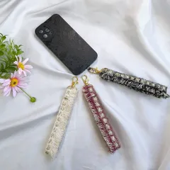 【アウトレット価格】 No.7 スマホ ハンド ストラップ ツイード フリンジ リボン 合皮