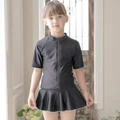 【ブラック×ホワイト】着替え楽々前ファスナー半袖ラッシュガード一体型スクール水着　110cm～170cm　UVカット　キャサリンコテージ　TAK