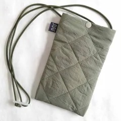 キルティングポリエステル「カーキ」スマホポシェット　スマホポーチ　サコッシュ　ミニショルダーバッグ　キルト生地　軽量
