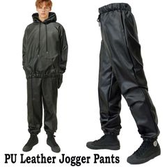 ジョガーパンツ 光沢 フェイクレザー ブラック PUレザー パンク ロックファッション ウエスト ゴム レザーパンツ バイカーパンツ メンズ ワイドパンツ イージーパンツ ロック系 V系 ストリート系 モード系