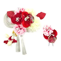 髪飾り 成人式 赤 振袖 前撮り 袴 花 2点セット 白 ピンク ゴールド ちりめん 組紐 房 下がり レース パール ビーズ ラメ 和柄 No.12-0398