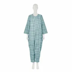 介護用つなぎ服 ＬＬサイズ 緑と青のチェック柄+おまけ付 丸昌 制菌前開き介護用つなぎ（フルオープン）フックオープン式