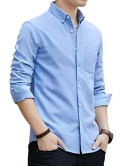 [Four leaf] 【シンプル×おしゃれ】 オックスフォードシャツ メンズ ボタンダウンシャツ 長袖 カジュアルシャツ シャツ 長袖シャツ ワイシャツ 無地 綿 コットン 60% 襟付き Yシャツ 春 秋 服 トップス(M, ブルー) [ブルー] [M]
