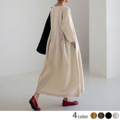 ワイドシルエット ロングワンピース 麻混 体型カバー 着痩せ 細見え 韓国風