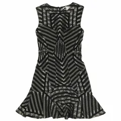 美品 ダイアンフォンファステンバーグ DIANE von FURSTENBERG 幾何学模様 総柄 ノースリーブ ワンピース ウール 膝丈 ハーフ フレア サイズ0 黒 ブラック レディース/7