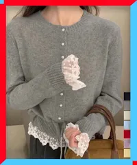新品 レース切り替えニットカーディガン長袖秋冬 韓国風ニット着やせ おしゃれ丸首ニット ウエストマーク秋服